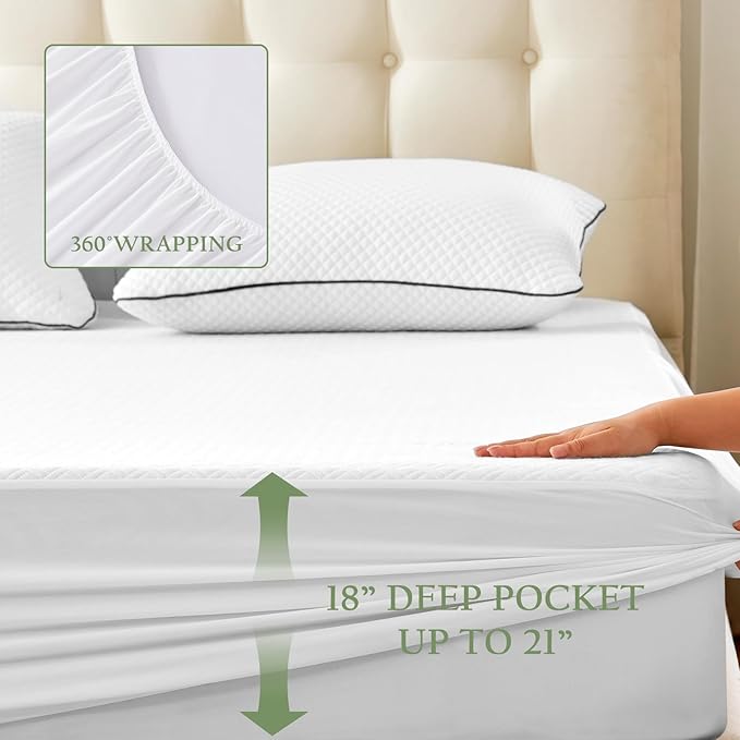 100% Waterproof Twin Mattress Protector, Breathable Bamboo Rayon Mattress Cover with 8”-21” Deep Pocket, Noiseless Cool 3D Air Mattress Cover, Hypoallergenic & Odor Resistant