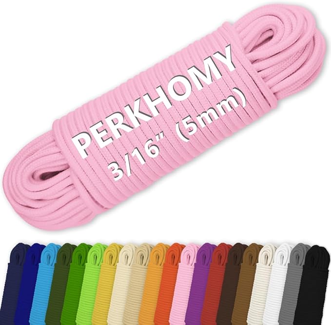 PerkHomy Cotton Rope 3/16" (5mm) 100 ft Multi Purpose Utility Diamond Braided Cord, Natural Cotton for Clothes Line Camping Crafting Flag Pole, Pink