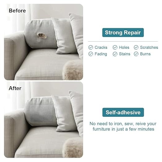 J.CARP 2Pcs Linen Repair Patches, Large Self-Adhesive Fabric Patch for Sofas, Couch, Furniture, Car Seats (8 * 11 inches-2PCS Light Gray)