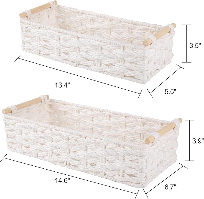 OIAHOMY Toilet Paper Baskets Handmade Paper Rope Decorative Wicker Storage Tank Shelf Cabinet Organizer for Bathroom Home, Set of 2, White