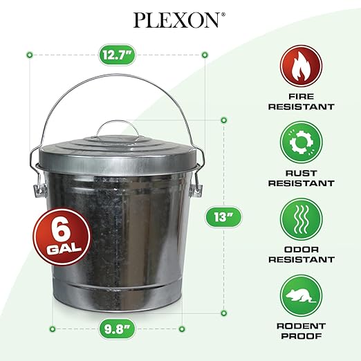 Plexon 6 Gallon Outdoor Trash Can with Lid Galvanized Metal Bucket with Locking Lid for Poultry Feed Bird Seed Storage Ash Small Garbage Can, 6 Pack