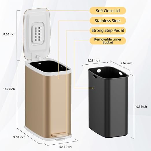 Champagne Gold Bathroom Trash Can with Lid Soft Close,1.6 Gallon Slim Garbage can,Small Metal Step Wastebasket for Office, Bedroom, Toilet, Live Room
