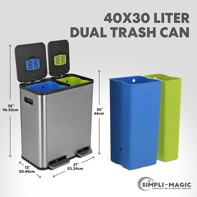 Simpli-Magic 18.5 Gallon (40L x 30L) Dual Compartment Step Trash Can – Kitchen Garbage Can with Waste & Recycling Bins – Slow-Close Lid, Odor Control, Hands-Free, Stainless Steel