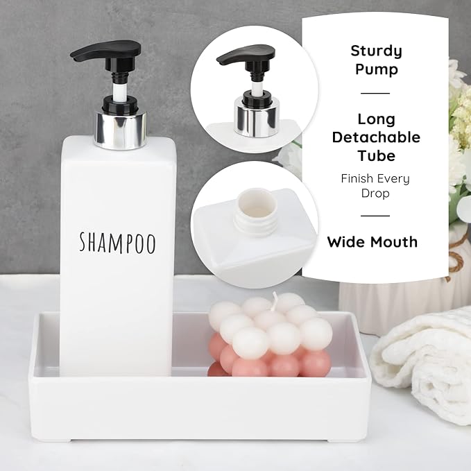 Segbeauty Square Soap Dispenser Refillable, 3pcs 16.9oz Plastic Pump Bottles, 500ml Empty Reusable Modern Bathroom Kitchen Liquid Container Set for Dispensing Shampoo Conditioner Body Soap White