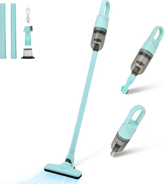 6-in-1 Lightweight Stick Vacuum Cleaner with 100W Powerful Motor, Mini Portable Household Handheld Vacuum Cleaner for Domestic Hard Floors, Carpets and Pet Hair(Green Cordless Plugs)