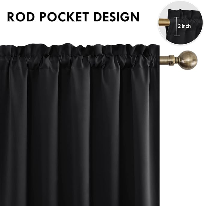 DWCN Blackout Curtains for Living Room Thermal Insulated, Energy Saving & Noise Reducing Bedroom Curtains, Black, W 70x L 84 Inch, Set of 2 Rod Pocket Curtain Panels