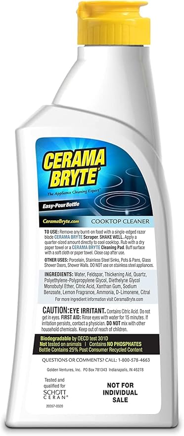 Cerama Bryte Glass Cooktop and Stove Top Cleaner Combo Kit - Includes Cleaning Tool, Razor, Scraper and 3 Pads to Remove Tough Stains - Use on Gas, Electric, Ceramic Surfaces, 10 Ounces, 6 Piece