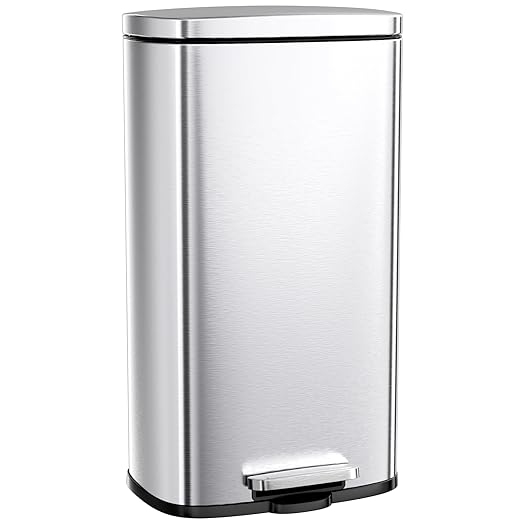 Arlopu 8 Gallon Step Trash Can, Stainless Steel Garbage Bin, Soft-Close Rubbish Bin with Removable Plastic Inner Bucket, Fingerprint-Proof, Lid Dustbin, Suit for Kitchen Home (Silver, 30L)