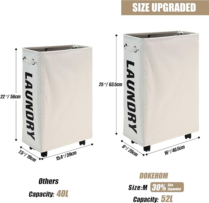DOKEHOM 25-Inches Slim Laundry Basket on Wheels, Collapsible Rolling Laundry Hamper, Foldable Narrow Corner Clothes Storage Bins (Beige)