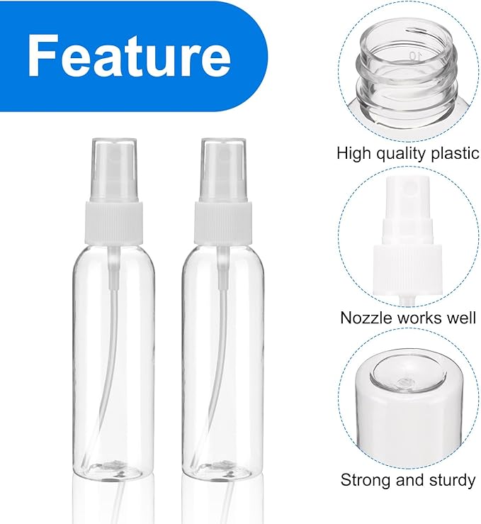 uxcell 20Pack Spray Bottles, 2Oz/60ML Clear Empty Mist Plastic Mini Travel Bottle Set,Small Refillable Liquid Containers for Household Use, Essential Oil, Cleaning (Transparent White)