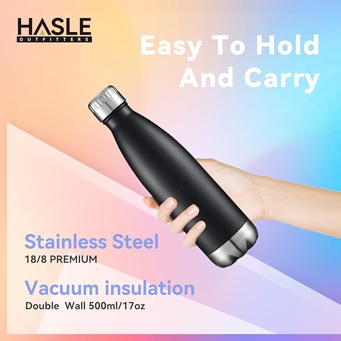 HASLE OUTFITTERS 17oz Stainless Steel Water Bottles Bulk, Vacuum Insulated Double Walled Reusable Metal Sports Water Bottles Keep Drinks Hot and Cold, Black, 8Packs