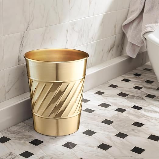 Monarch Abode Brushed Gold Handcrafted Wave Embossed Metal Wastebasket for Home Office, Decorative Waste Basket, Modern Bathroom Garbage Can, Durable & Decorative Trash Bin, Brushed Gold Trash Can