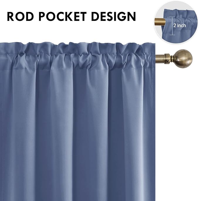 DWCN Blackout Curtains – Thermal Insulated, Energy Saving & Noise Reducing Bedroom and Living Room Curtains, Dusty Blue, W 52x L 45 Inch, Set of 2 Rod Pocket Curtain Panels