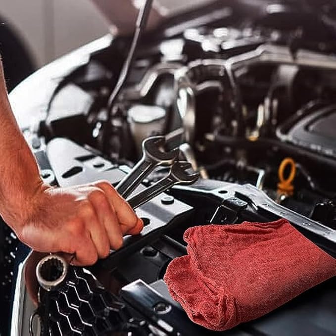 Shop Towels (Red, 25-Pack) - Bulk Cleaning Towel in a Bag, Mechanic Cotton Wipes for Car Maintenance, Auto Mechanics & Garage, Wipe Grease & Oil, Machine Wash & Reusable
