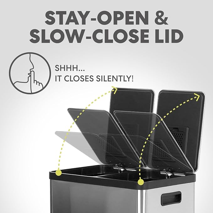 Simpli-Magic 16 Gallon (30L x 30L) Dual Compartment Step Trash Can – Kitchen Garbage Can with Slow-Close Lids – Waste & Recycling Bins, Odor Control, Hands-Free, Easy to Clean, Stainless Steel