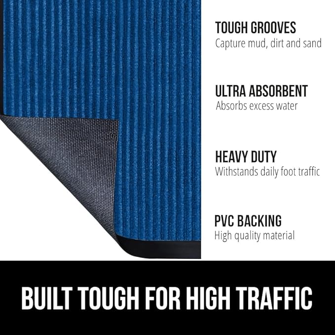 GORILLA GRIP Traffic Guard Door Mat, 72x48, Heavy Duty Welcome Mats, Commercial Office Space Doormat, Waterproof, Fade Resistant, Strong Rubber Backing, Low Profile, Shoe and Boot Scraper, Blue