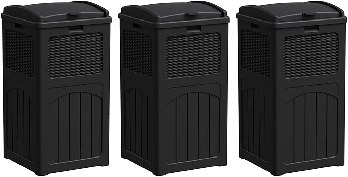 Greesum 33 Gallon Outdoor Trash Can with Lid, Waterproof Resin Garbage Bin for Hideaway, Deck, Patio, 3 Pack, Black