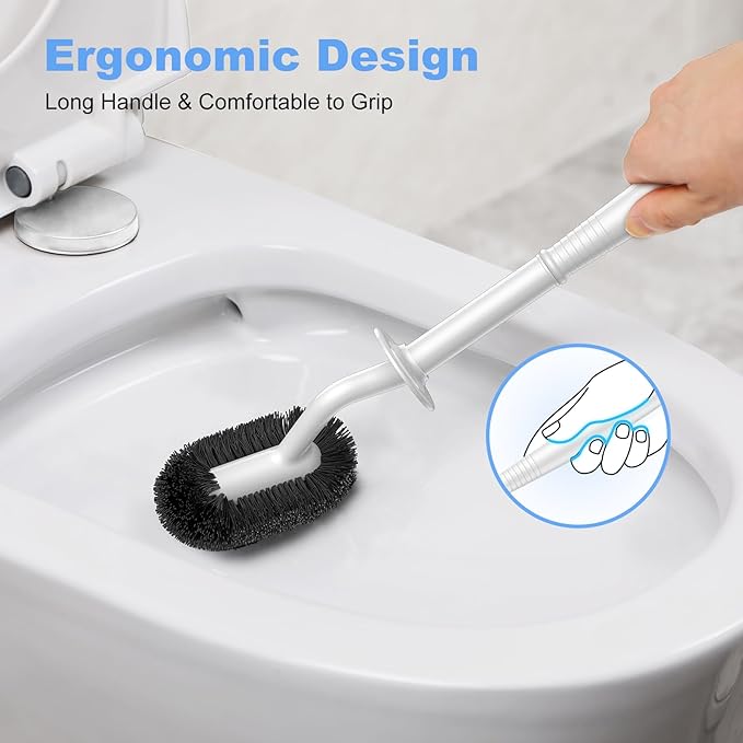 HAMITOR Toilet Bowl Brush Holder Set: Curved Design with Holder for Deep Cleaning Under Rim - Compact Hidden Scrubber for Small Space - Modern RV Bathroom Accessories - 3 Pack