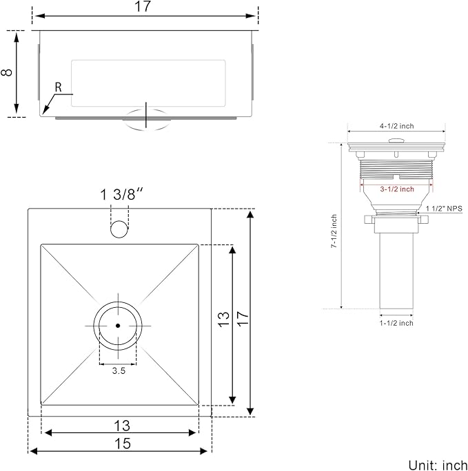 15x17 inch Bar Sink Drop in, Handmade 304 Stainless Steel Sink, 8" Deep Single Bowl, R10 Tight Radius, Topmount Installation, for Small Kitchen/RV/Bar Sink, Brushed