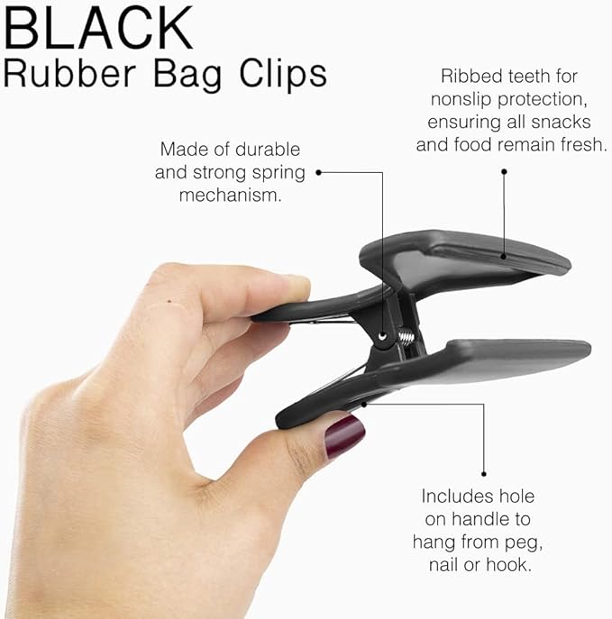 COOK WITH COLOR Bag Clips, Heavy Duty Chip Clip and Refrigerator Magnet Clips for Food Storage with Air Tight Seal Grip for Snack Bags and Food Bags (Black, Pack of 8)