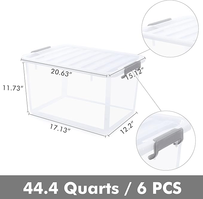 Citylife 6 Packs 44.4 QT Plastic Storage Bins with Lids Large Stackable Storage Containers for Organizing Clear Storage Box for Garage, Closet, Kitchen