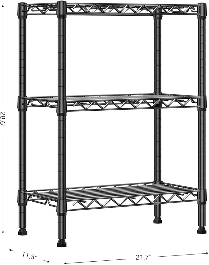 750 lbs 3 Tier Shelf Metal Storage Shelves Wire Rack Closet Organizers with PP Board for Garage Kitchen Bathroom Laundry Black 11.8" D x 21.7" W x 28.6" H