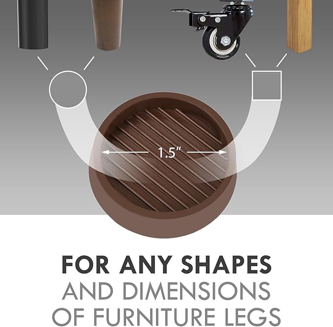 Non Slip Furniture Pads, 1.5” Round Rubber Caster Cups, 12 Pcs Furniture Coasters, Anti-Slip Gripper, Anti Slide Furnitures Feet Floor Protectors for Bed Couch Stoppers - Brown