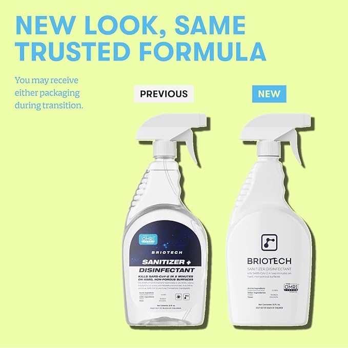BRIOTECH Sanitizer Disinfectant Hypochlorous Spray, Kill 99.99% of Viruses & Bacteria, Control Mold, Eliminate Odor, Gentle for Nursery & Play Rooms, Food Contact Surface Sanitizer, 8 fl oz (2 Pack)