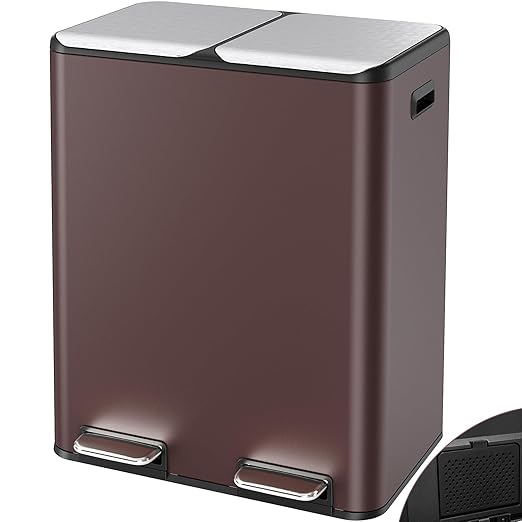 Arlopu 16Gal Dual Trash Can w/2 Built-in Box for Odor Control, Hands-Free Kitchen Garbage Bin, Recycle Waste Dustbin, Soft-Close Lid, 2 Buckets,Foot Pedal, Side Handle, Airtight,for Home Office