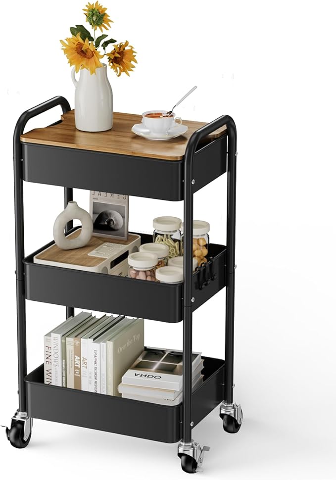 3 Tier Rolling Cart with Table top, Metal Utility Cart, Sturdy Storage Organizer Cart with Locking Wheels & Hooks for Office, Classroom, Kitchen and Bathroom