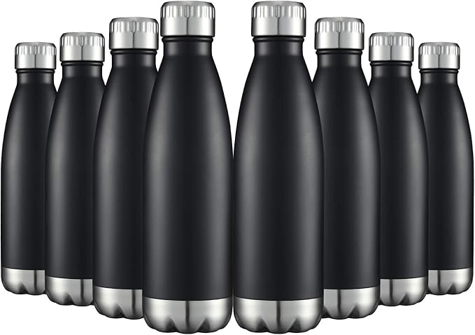 HASLE OUTFITTERS 17oz Stainless Steel Water Bottles Bulk, Vacuum Insulated Double Walled Reusable Metal Sports Water Bottles Keep Drinks Hot and Cold, Black, 8Packs