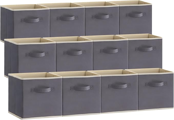 Lifewit 13 Inch Cube Storage Bins, 12 Packs Storage Cubes Foldable Decorative Fabric Storage Baskets for Organizing Home Organizers with Handles for Shelves, Closet, Grey