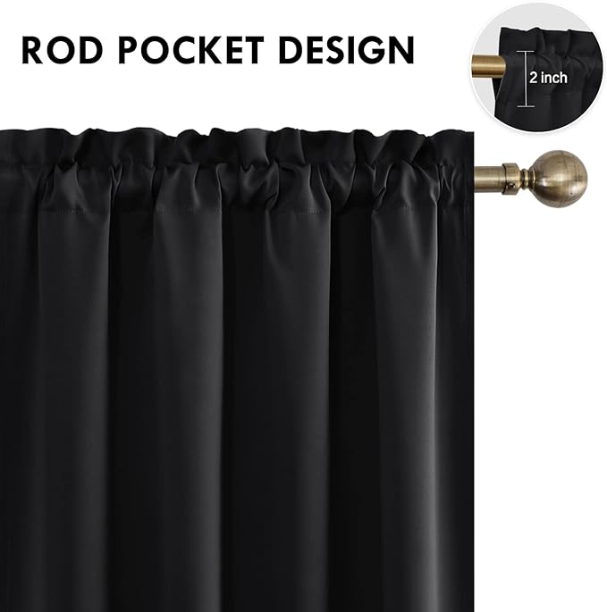 DWCN Blackout Curtains Room Darkening Thermal Insulated Bedroom Curtains Window Curtain Panels, 52 x 84 inches Long, Set of 2 Black Rod Pocket Drapes
