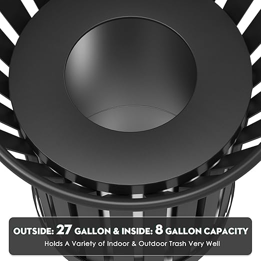 25.2IN Large Round Large Outdoor Trash Can, Heavy Duty Metal Slatted Garbage Can Outdoor, All Weather Resistant Commercial Garbage Cans, Waste Receptacle in Park, School, Beach, Patio Black