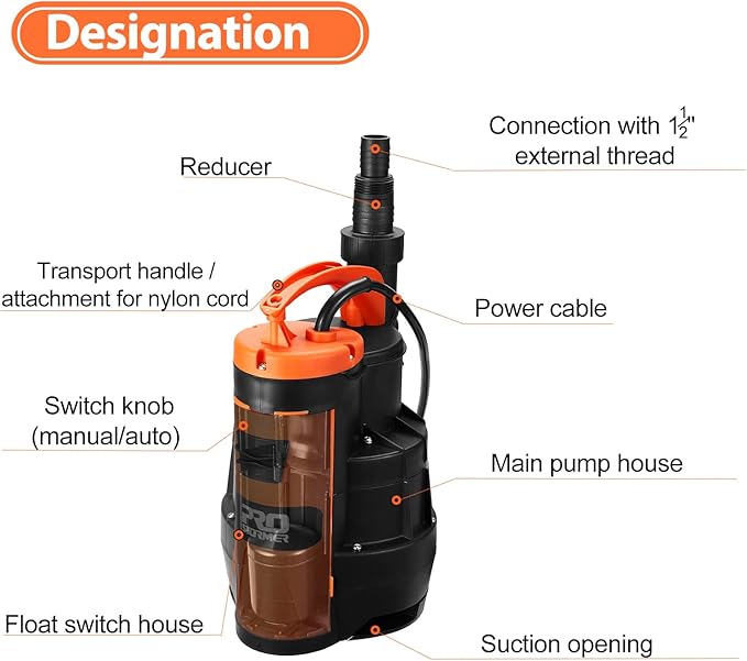 Sump Pump, Prostormer 3500 GPH 1HP Submersible Clean/Dirty Water Pump with Build-in Float Switch for Pool, Pond, Garden, Flooded Cellar and Irrigation