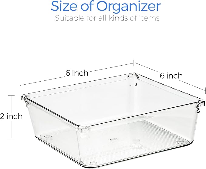 Ravinte 6 Pack Drawer Organizer - 6" X 6" Plastic Storage Bins, Acrylic Organizers with Non-Slip Pads Clear Desk Storage Tray for Makeup, Jewelries, Kitchen Utensils, Bathroom and Office