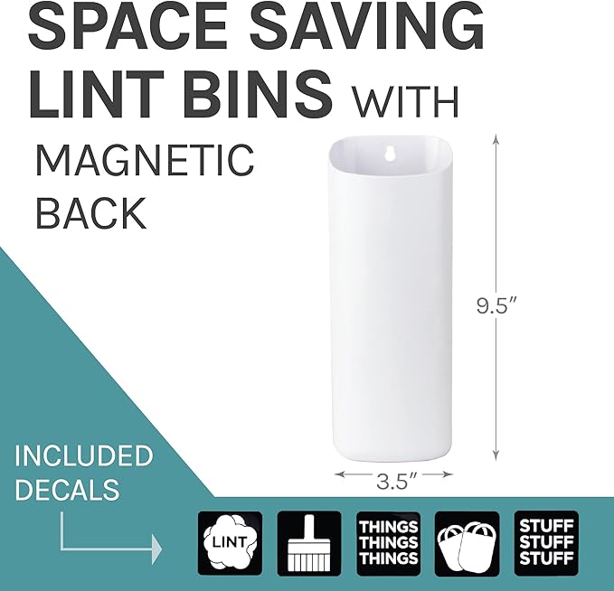 JS Jackson Supplies Small White Lint Bin with Magnetic Back, Slim Profile Trash Bin for Laundry Room and Kitchen, Wall Mountable
