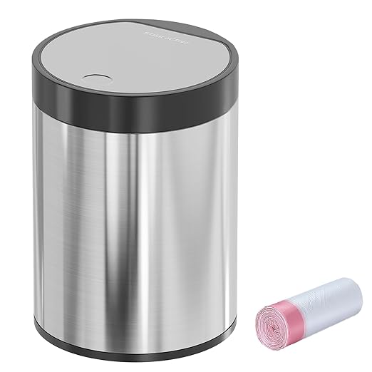 Mini Trash Can for Desk 0.4 Gallon,1.5L Stainless Steel mini Desk Trash can with Lid,Tiny Trash Can for Desk with 1 Roll Bags for Office, Home, Car,(Brushed Gray)
