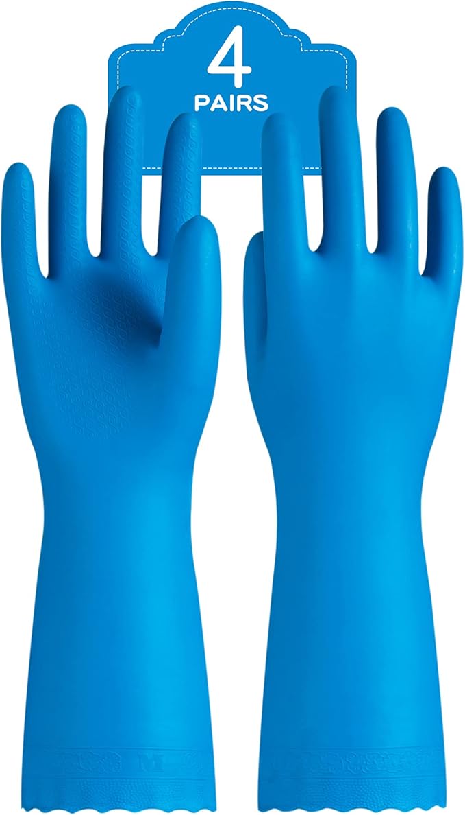 PACIFIC PPE 4 Pairs Reusable Dishwashing Cleaning Gloves with Latex Free, Cotton Lining, Kitchen Gloves, Blue, Large