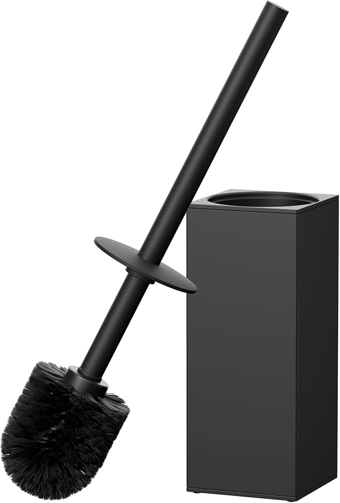 FORIOUS Toilet Brush and Holder Set, Heavy Duty 304 Stainless Steel Base Square and Long Handle for Bathroom Deep Cleaning, Drip-Proof, Space Saving for Storage, 2 Toilet Bowl Brush Head, Black