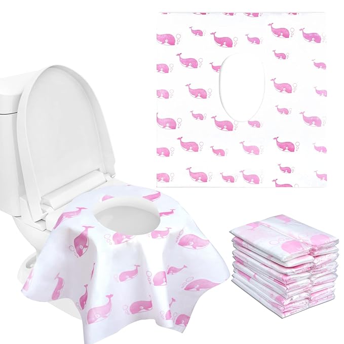 21 Pack Toilet Seat Covers Disposable, Extra Large Disposable Toilet Seat Covers for Adults, Individually Wrapped Potty Training Liners with Non-Slip Adhesives for Kids in Home, Restrooms&Travel -Pink