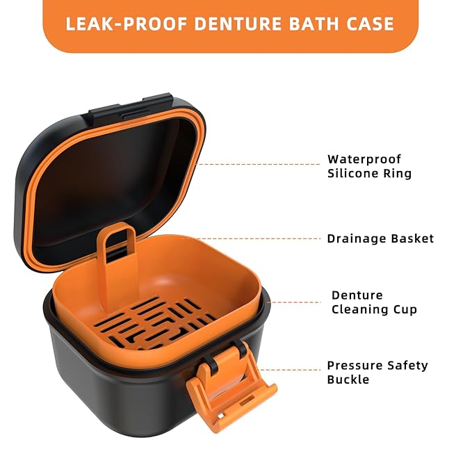 ARGOMAX Leak Proof Denture Bath Cup, Portable Soaking Denture Box, Denture Bath Case with Strainer, for Dentures and Braces (Black + Orange).