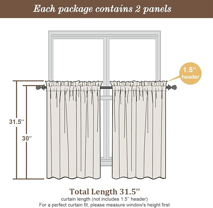 Chyhomenyc Ivory Sheer Curtains 30 inch Length 2 Panels, Light Filtering Voile Rod Pocket Short Window Curtians for Bathroom Living Room Farmhouse Small Windows, 42Wx30L inches