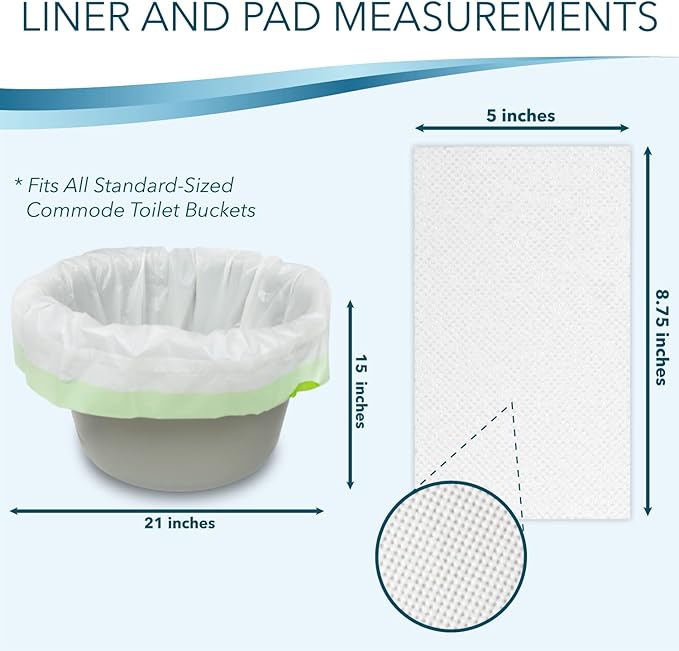 Disposable Bedside Commode Liners and Pads for Portable Toilet Chair Seat Bucket and Bedpan | Combo Pack of 48 Waste Bags and 48 Absorbent Pads | Universal Fit