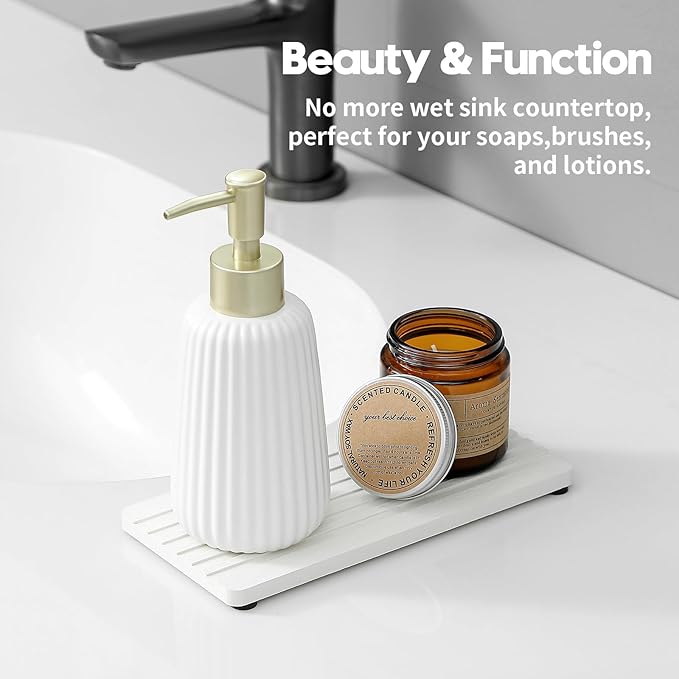 2PCS Diatomite Quick Stone Drying Tray Mat for Bathroom & Kitchen Counter, Instant Dry Water Absorbent Drink Bar Coasters,Vanity Sink Caddy Organizer,Dish Soap Sponge Holder, Ivory,8"x3.8"