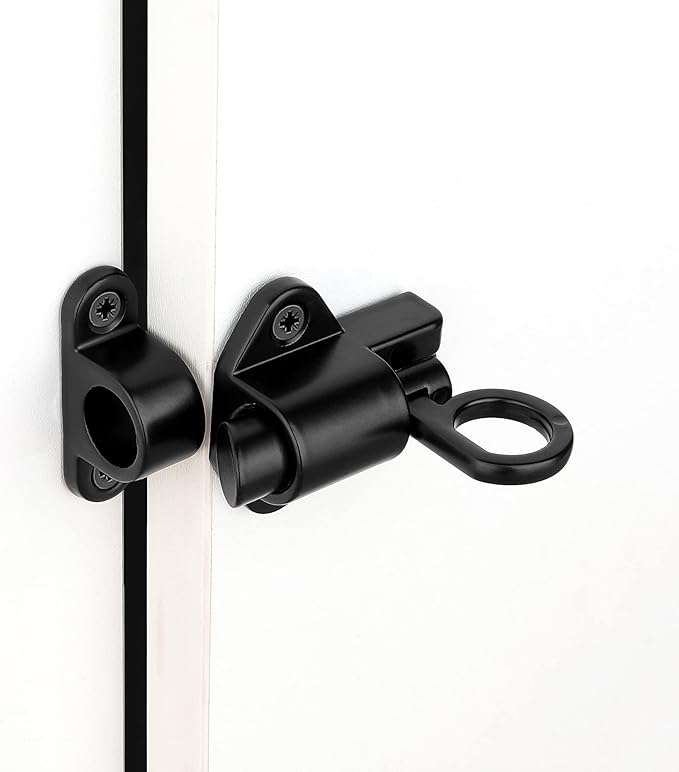 4 Packs Self-Closing Latches，Black Spring Door Lock，Resilient Bolt Latch Aluminum Alloy Safety Automatic Spring Barrel Slide Door Lock with Screws,Used for Gate,Window and Cabinet etc