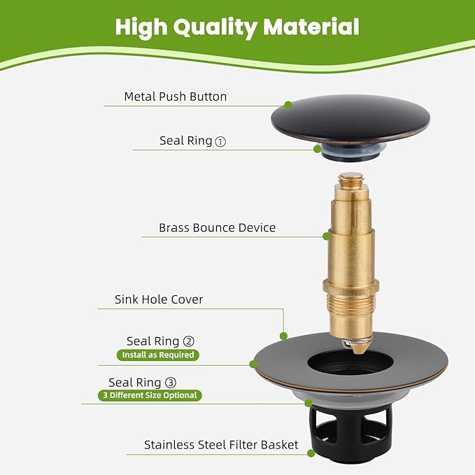 Universal 2PCS Bathroom Sink Stopper 2 in 1 Pop Up Metal Sink Drain Strainer with Hair Catcher, Fit for 1.1~2.36" Sink Basin Hole, Big Cover Cap, Anti-clog, Oil Rubbed Bronze