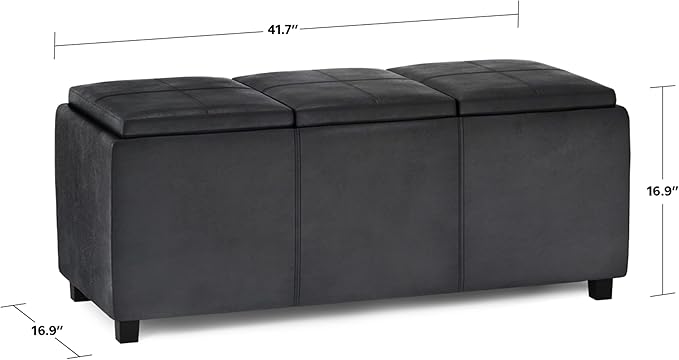 SIMPLIHOME Avalon 42 inch Wide Contemporary Rectangle Storage Ottoman in Distressed Black Vegan Faux Leather, Assembled, For the Living Room, Entryway and Family Room