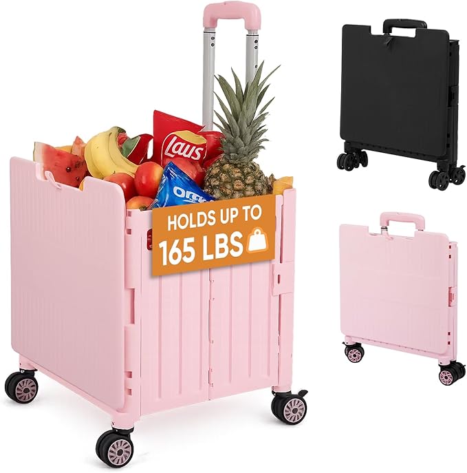 VUSIGN Folding Utility Cart, Foldable Rolling Crate Handcart with Lid, Portable Collapsible Shopping Trolley Tool Box, 4 Rotate Wheels for Grocery, Office, Travel, Teacher, Luggage, Pink