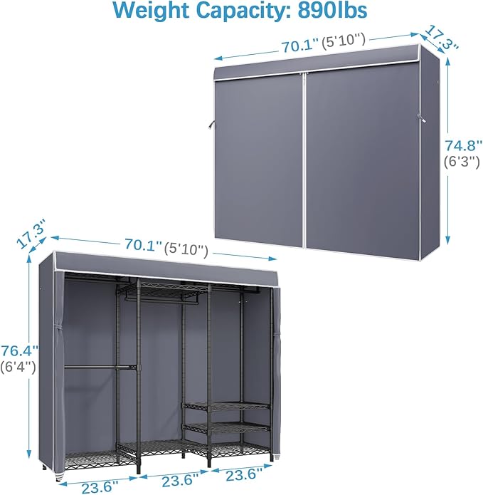 VIPEK V5C Portable Clothes Closet Wardrobe Bedroom Armoires Heavy Duty Covered Clothes Rack, Black Metal Clothing Rack with Grey Oxford Fabric Cover, Adjustable Custom Closet Rack 70.1"Lx17.3"Wx76.4"H